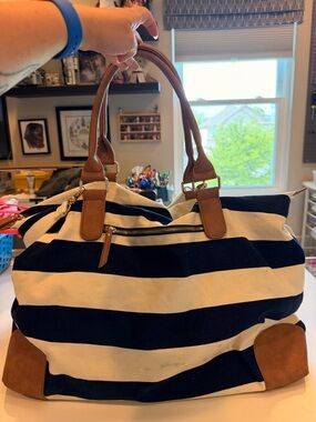 Canvas Striped Weekend Tote Bag with Brown Handles
